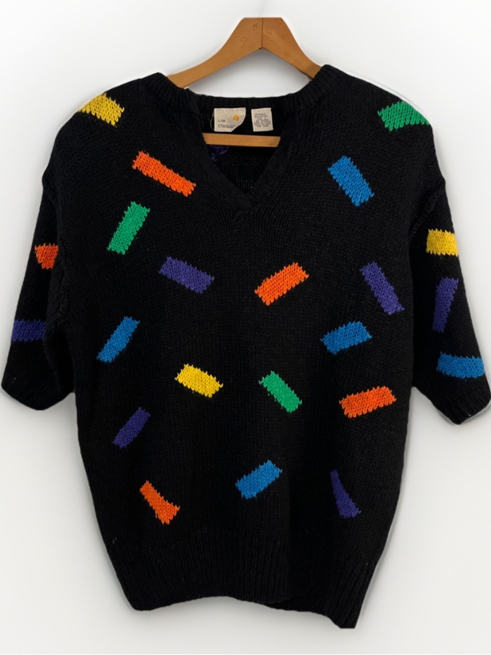 Vtg Liz Claiborne Women Black Short Sleeve Sweater Shoulder Pads Lg Geometric